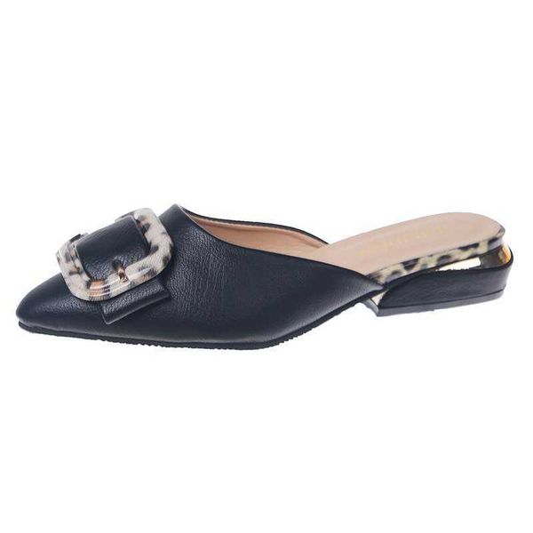 

classic luxury paris leopard buckle leather mules slippers shoes women pointed low heel sandals summer multicolor closed toe large size desi, Black