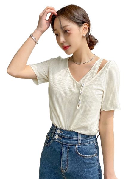 

dazy button detail asymmetrical neck tee v4vc#, White