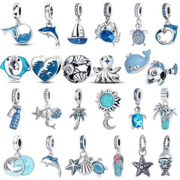 925 Mertes de charme de prata Dangle Ocean Blue Sea Turtle Fit Pandora Charms Bracelet Acessórios de jóias DIY