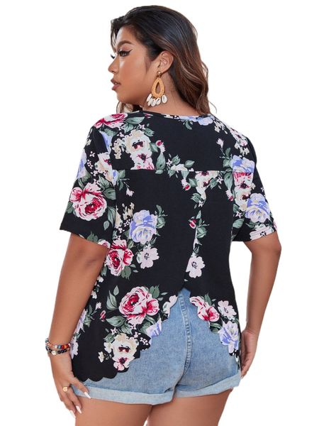 

plus floral print scallop trim wrap back asymmetrical hem tee k7gx#, Black