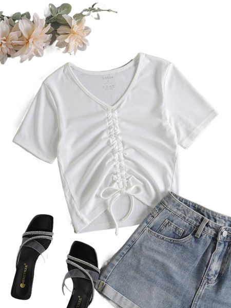 

ribbed knit drawstring front tee c19d#, White