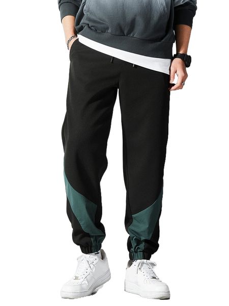 

men contrast panel drawstring waist sweatpants w1f2#, Black
