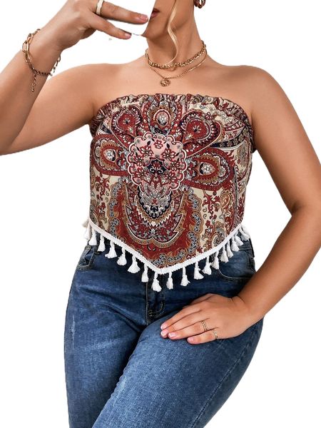 

plus floral print frill trim fringe hem tube 420z#, Black