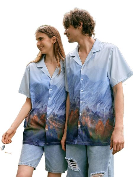 

romwe 1pc landscape print shirt h8jt#, White;black