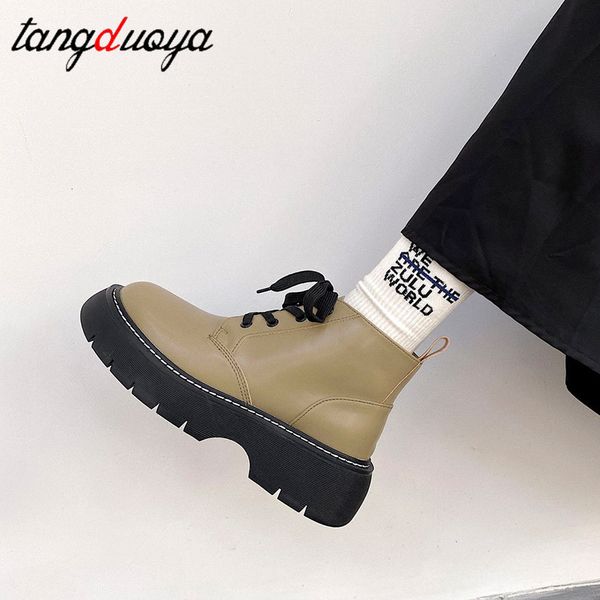

green platform boots women boots winter leathe boots lace up ankle motorcycle thick heel platform high heels, Black