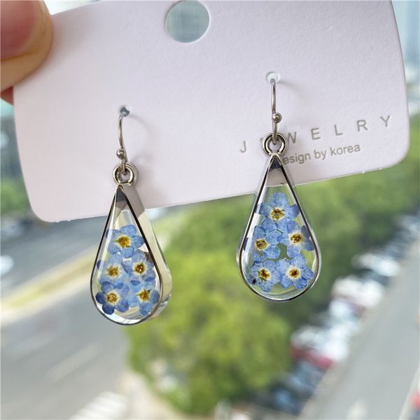 

fashion water drop shaped dry flower earrings blue forget me not, Golden;silver