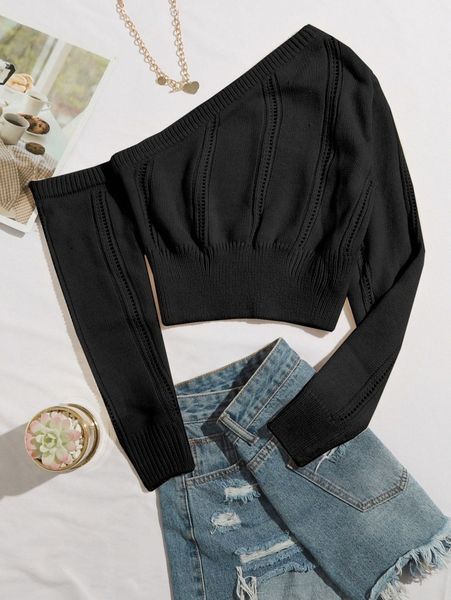 

asymmetrical neck crop sweater k5gm#, White;black