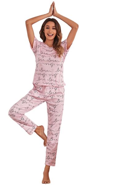 

allover letter graphic pajama set with eye cover y77q#, Black;red
