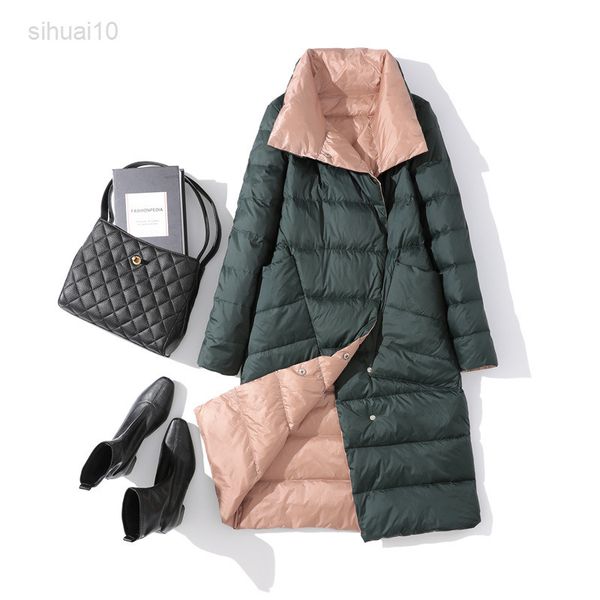 

women autumn and winter jacket white duck down retro jacket double-breasted solid color warm slim thick women coat jacket l220725, Black