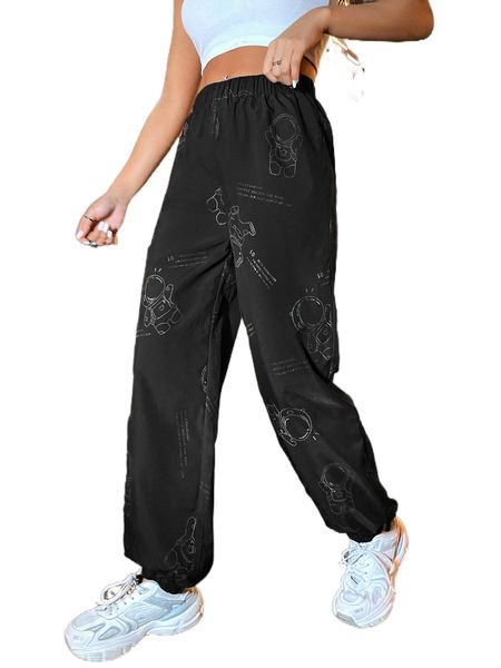 

astronaut & cartoon print tapered pants h2m1#, Black;white