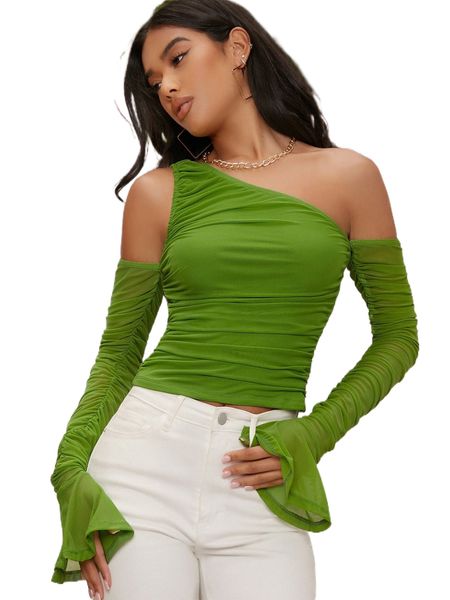 

flounce sleeve asymmetrical shoulder mesh q9eo#, White