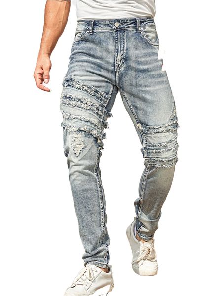 

men ripped raw cut straight leg jeans 72hl#, Blue