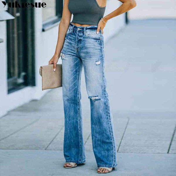 

voorjaar 2022 womens hoge taille ripped gat vrouwen wijde pijpen jeans baggy rechte vrouw denim capri broek jean mom jeans broek l220726, Blue