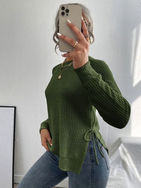 

split knot side raglan sleeve sweater g9al#, White;black