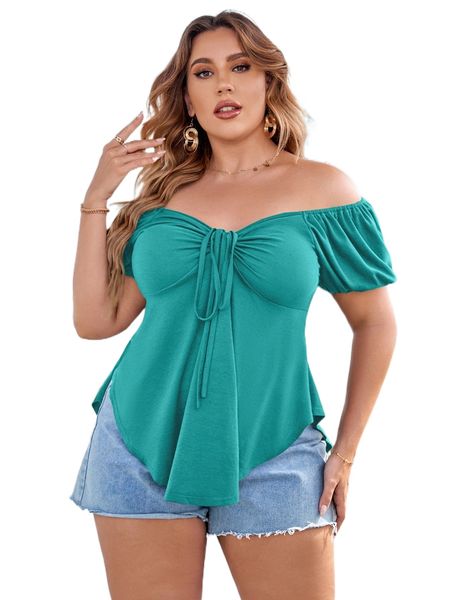 

plus off shoulder tie front curved hem tee 92g4#, Black