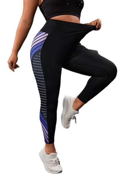 

plus contrast striped & polka dot side seam sports leggings d7xp#, Black