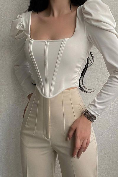 Camicette da donna Camicie Yong Style Vintage Square Collar Spring Manicotto a sbuffo Bianco Bustier Women Party Backless Increspato Corsetto disossato Crop Top
