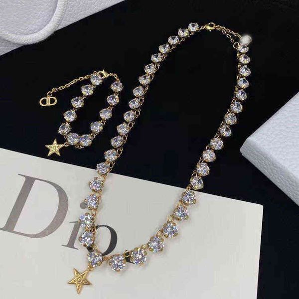 

factory outlet letter pentagram diamond inlaid brass necklace bracelet 2022 minority neck chain bracelet, Silver