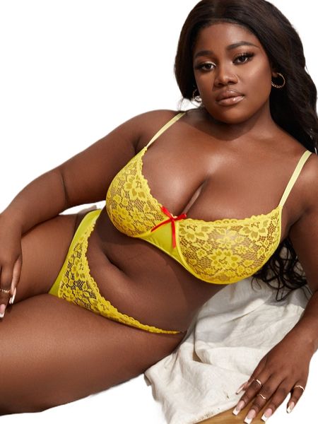 

plus floral lace bow front underwire lingerie set x0tw#, Black;white