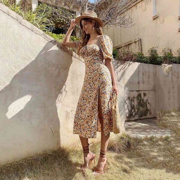

casual dresses 2022 summer fashion temperament medium long short sleeve v-neck skirt a-line split floral dress iexo, Black;gray