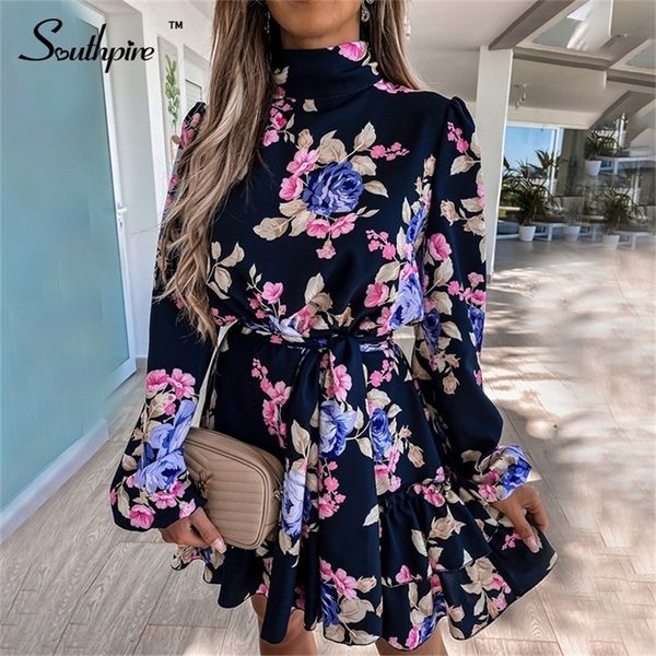 Southpire Kadın Donanması Çiçek Baskı Gevşek Stil Mini Elbise Uzun Kollu Yüksek Boyun Parti Elbise Yaz Günü Gündelik Bayanlar 220531