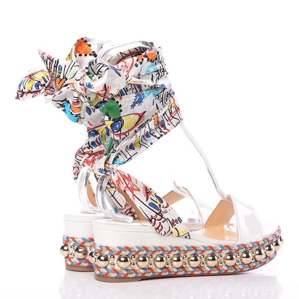 

2019ss summer gorgeous red sole sandal levantine 60mm white patent leather women wedge sandal gold studs graffiti ankle strap glad276e, Black