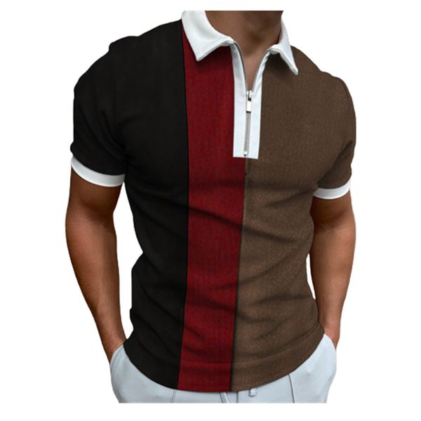

summer new stripe print golf polos t-shirt for mens slim fit zipper lapel design short sleeve splicing casual polos t shirt 2022-2, White;black