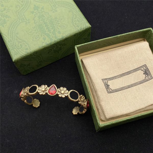 

stylish ruby flower bracelets double letter open bangle women floral interlocking letter bracelet with box, Golden;silver