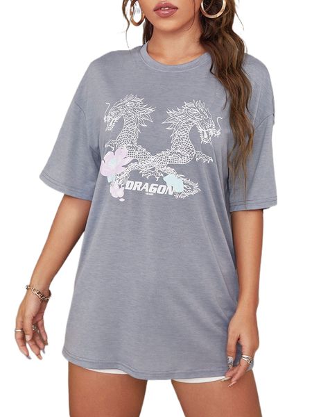 

dragon and letter graphic drop shoulder oversized tee r5s1#, White