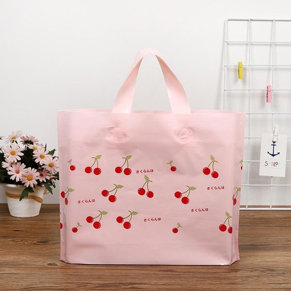 Bolsa de armazenamento de plástico rosa embrulhe de presente com alça Red Cherry Pattern Sacos de compras grossos embalagens de roupas 33x25x6cmgift