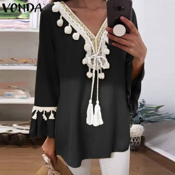

vonda tunic women blouse autumn plus size casual nine quarter flare sleeve bohemian blusas female vintage print shirts y200403, White