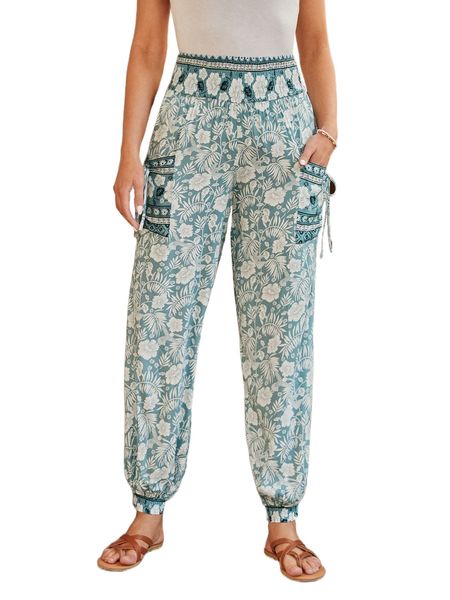 

emery rose floral print patched pocket tie side pants u3d3#, Black;white