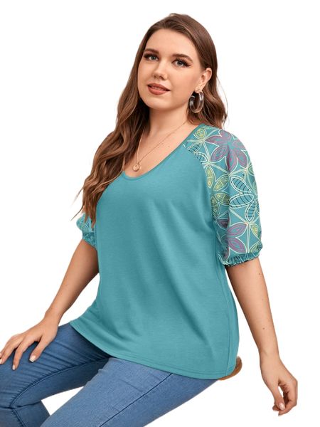 

plus floral print raglan sleeve tee i7kc#, Black