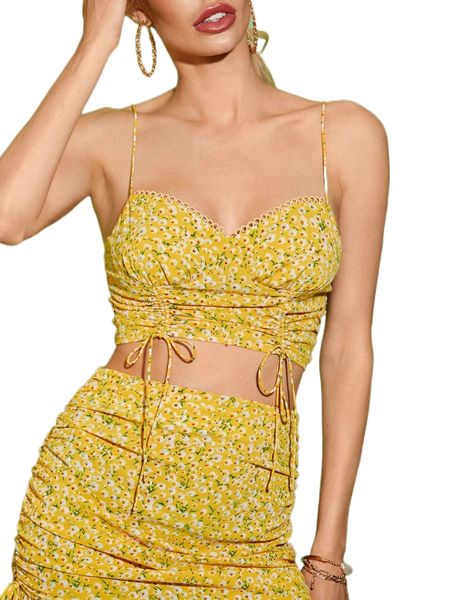 

ditsy floral pointelle trim drawstring crop chiffon cami o1aj#, White