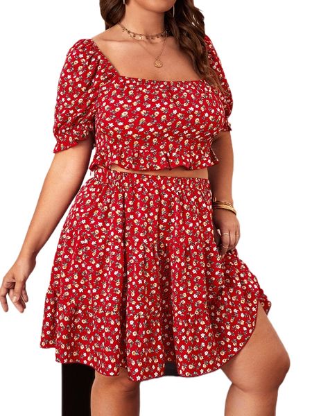 

plus ditsy floral puff sleeve crop & ruffle hem skirt j3yx#, Black