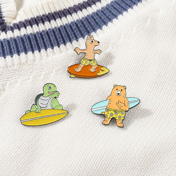 

sea turtle bear crocodile antelope surfing shaped brooches cartoon animal with surfboard lapel pins summer alloy enamel jeans hats clothes b, Gray