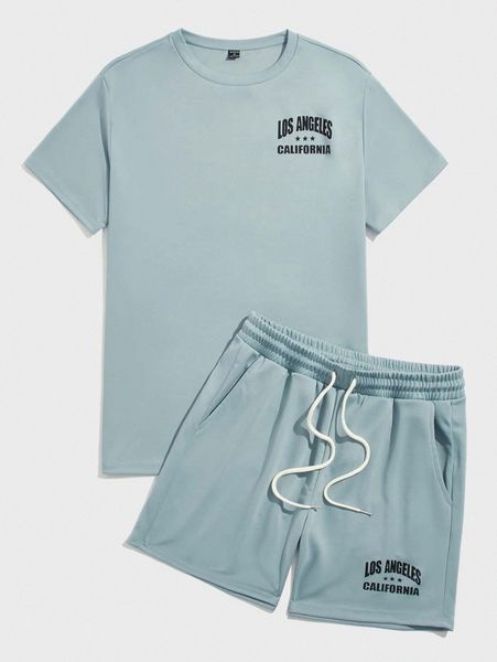 

men letter graphic tee & drawstring waist shorts h5zf#, Gray
