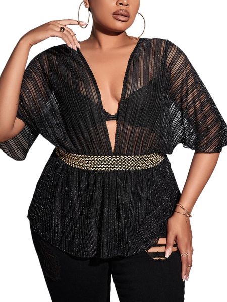 

sxy plus dolman sleeve tie back plunging neck mesh without bra m5wf#, Black