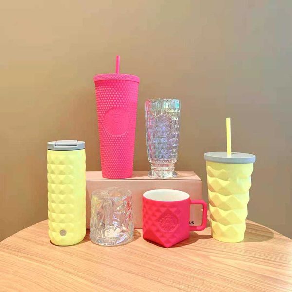 

starbucks 2021 summer barbie powder diamond cut pattern goddess plastic frosted durian glass straw cup