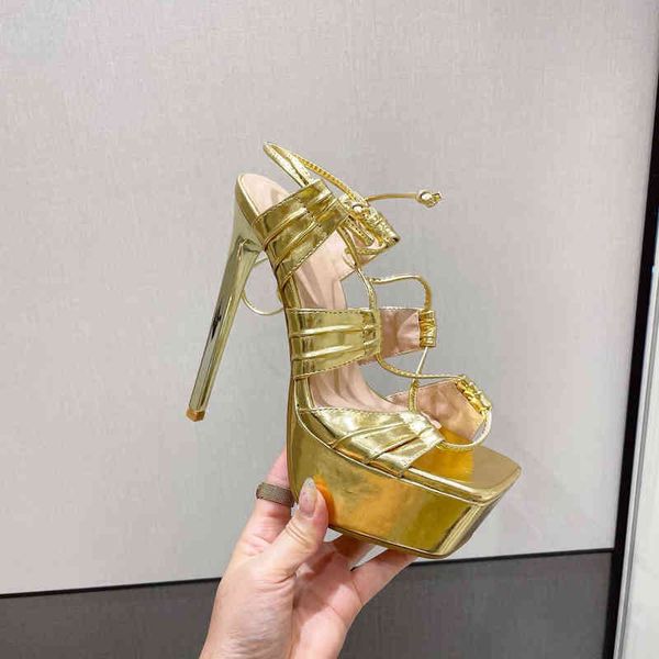 

sandals waterproof platform women's shoes summer metal thin heel strap gold black nightclub ultra-high sandals large