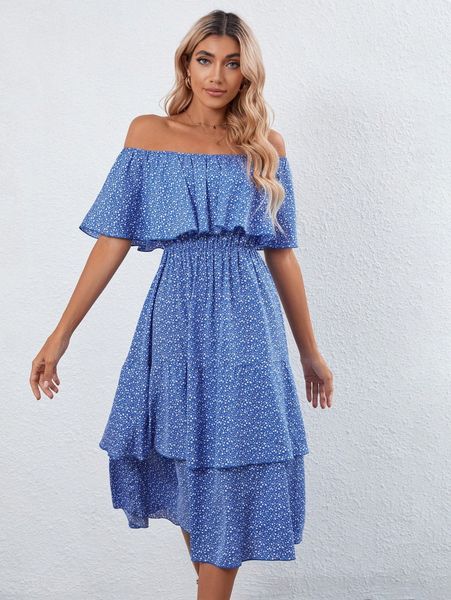 

fold off shoulder ditsy floral dress 56zo#, Black;gray