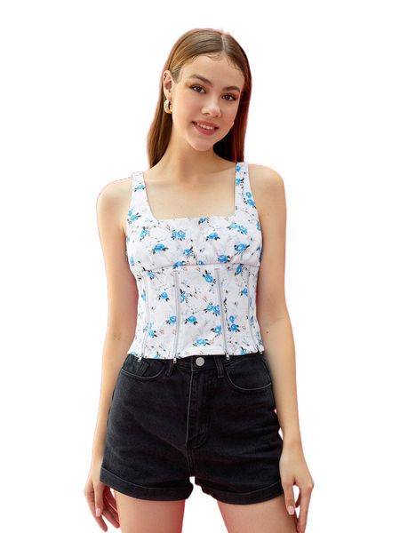 

x poppy moon zip up floral print tank j6gt#, White