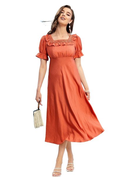 

lace insert ruffle trim puff sleeve dress 090z#, Black;gray