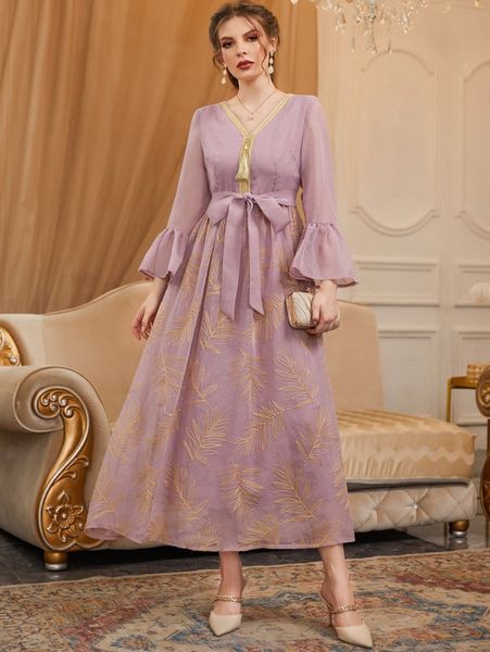 

leaf embroidery tassel detail flounce sleeve belted mesh dress s4wq#, Black;gray