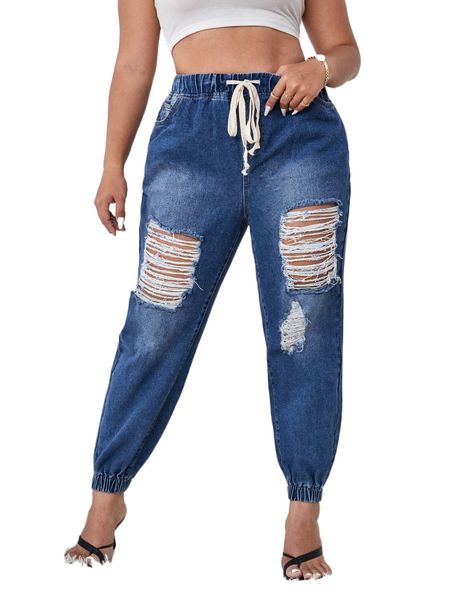 

plus drawstring waist ripped jogger jeans r9ka#, Blue