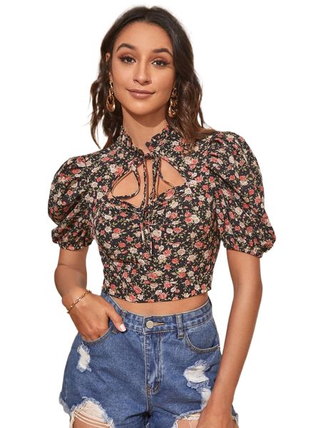 

ditsy floral puff sleeve cut out frilled tie neck blouse d8tw#, White
