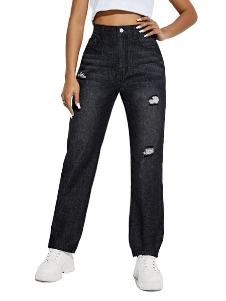 

high waist ripped straight leg jeans p2e7#, Blue