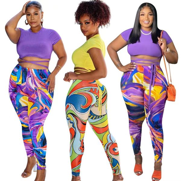 

women designer clothes new fashion two piece pants suit slim solid colour halter casual sleeveless printing pant outfits short sleeve, White