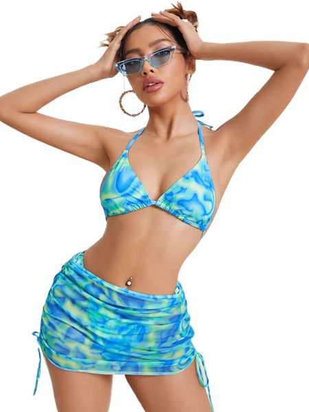 

3pack tie dye halter bikini swimsuit & beach skirt 69if#, White;black