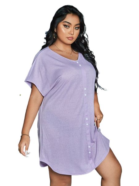 

plus rib-knit fake buttons front nightdress c876#, Black;white